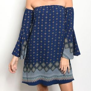 Navy Off Shoulder Print Dress